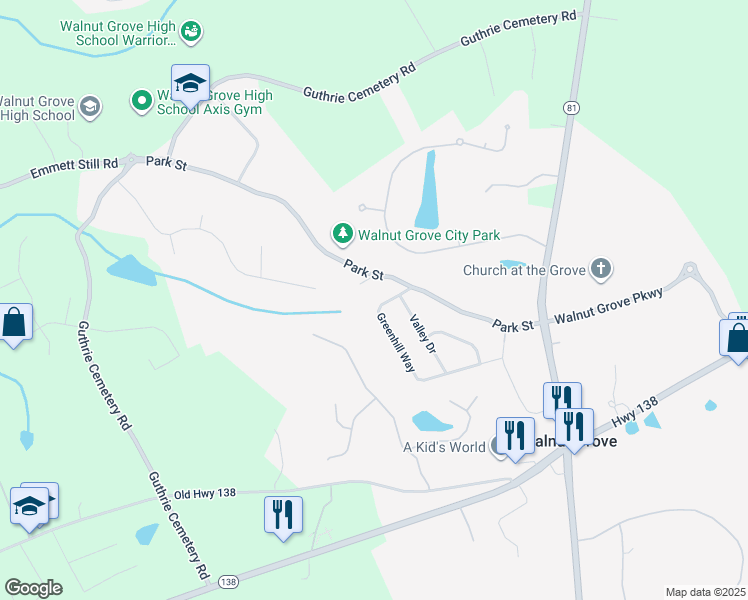 map of restaurants, bars, coffee shops, grocery stores, and more near 570 Greenhill Way in Walnut Grove