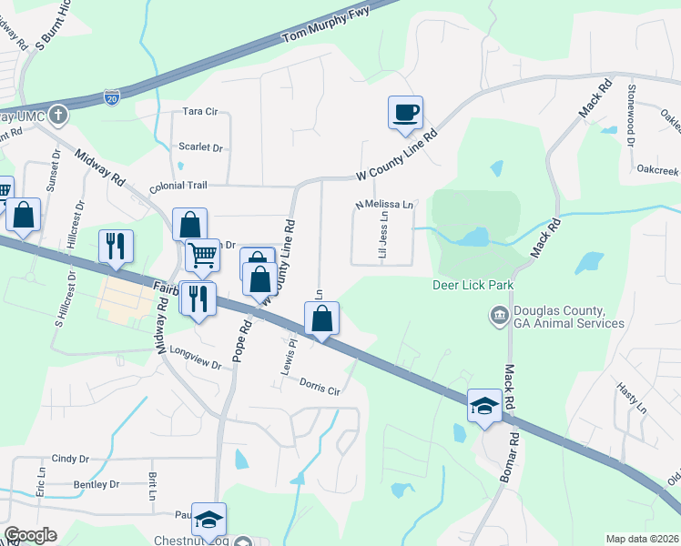 map of restaurants, bars, coffee shops, grocery stores, and more near 2146 Terry Lane in Douglasville