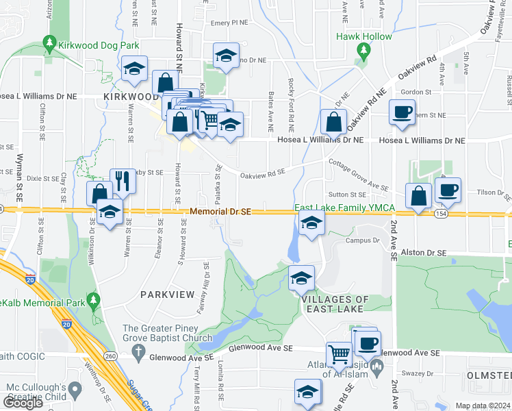 map of restaurants, bars, coffee shops, grocery stores, and more near 2118 Memorial Drive Southeast in Atlanta