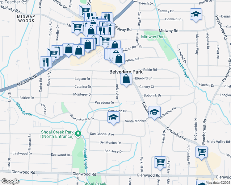 map of restaurants, bars, coffee shops, grocery stores, and more near 1557 Belva Avenue in Decatur