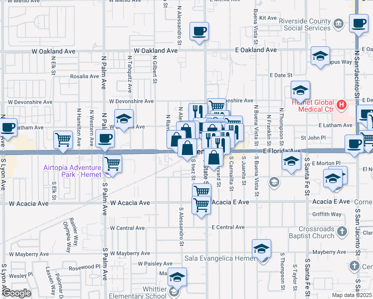 map of restaurants, bars, coffee shops, grocery stores, and more near 210 West Florida Avenue in Hemet