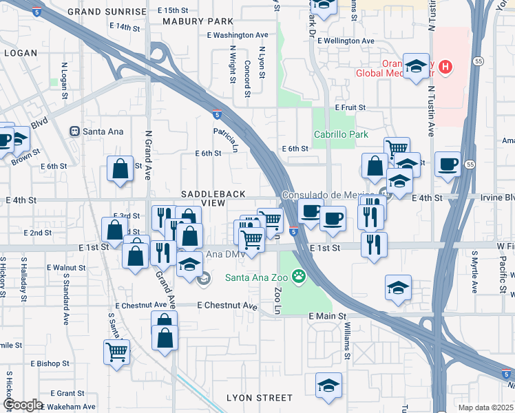 map of restaurants, bars, coffee shops, grocery stores, and more near 1658 Palm Street in Santa Ana