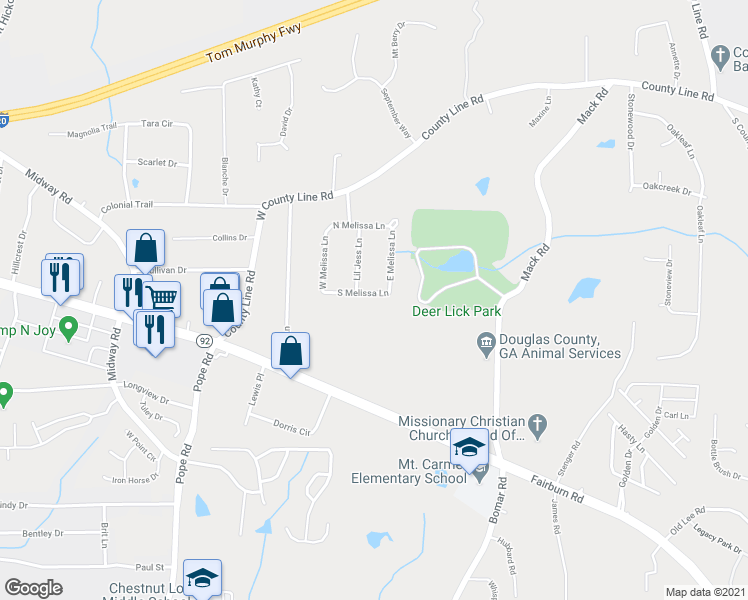 map of restaurants, bars, coffee shops, grocery stores, and more near 3588 South Melissa Lane in Douglasville
