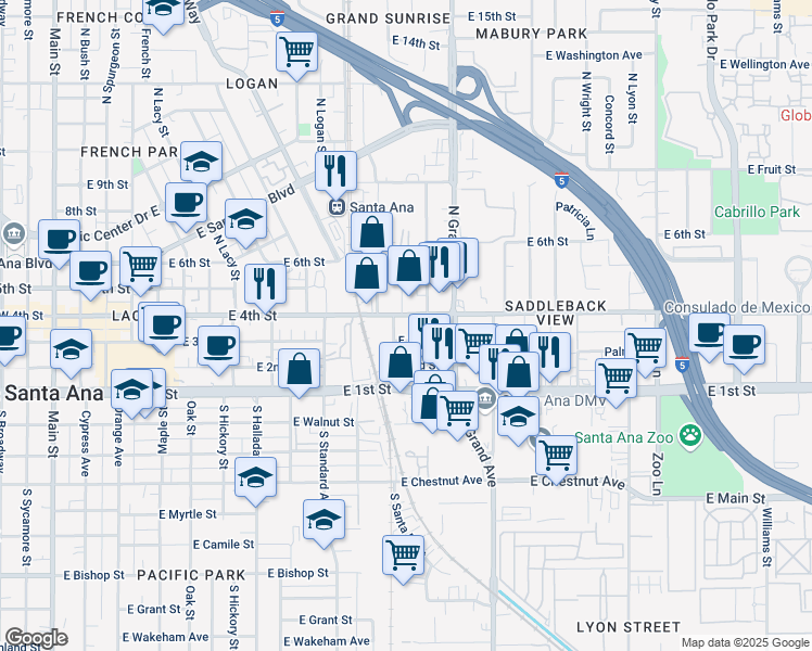 map of restaurants, bars, coffee shops, grocery stores, and more near 1116 East 3rd Street in Santa Ana