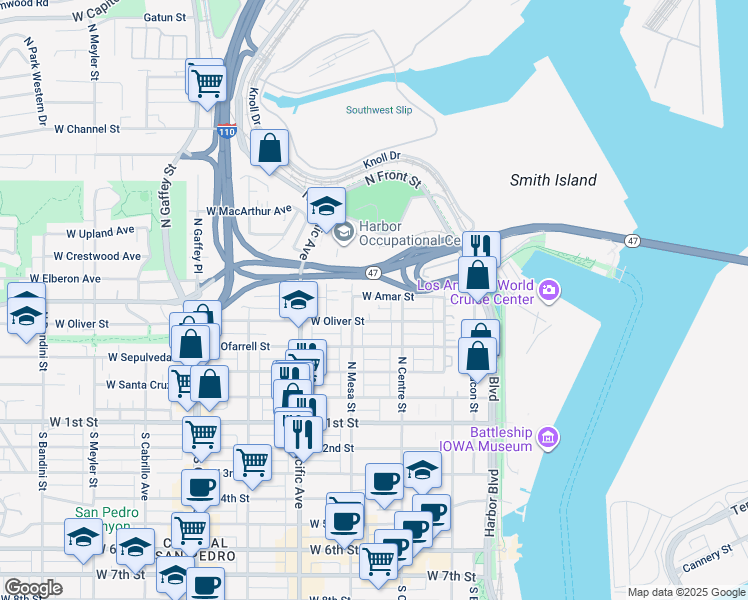 map of restaurants, bars, coffee shops, grocery stores, and more near 320 West Oliver Street in Los Angeles