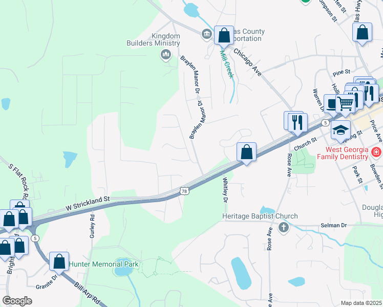 map of restaurants, bars, coffee shops, grocery stores, and more near 7209 Cedar Forest Drive in Douglasville