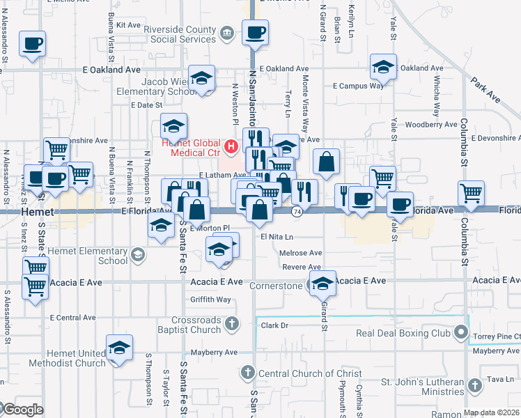 map of restaurants, bars, coffee shops, grocery stores, and more near 1445 Florida Avenue in Hemet