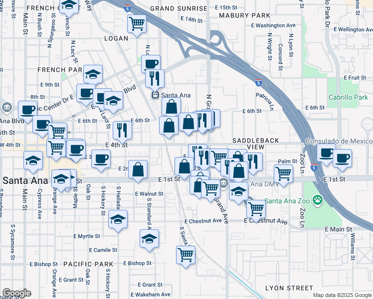 map of restaurants, bars, coffee shops, grocery stores, and more near 1110 East 4th Street in Santa Ana