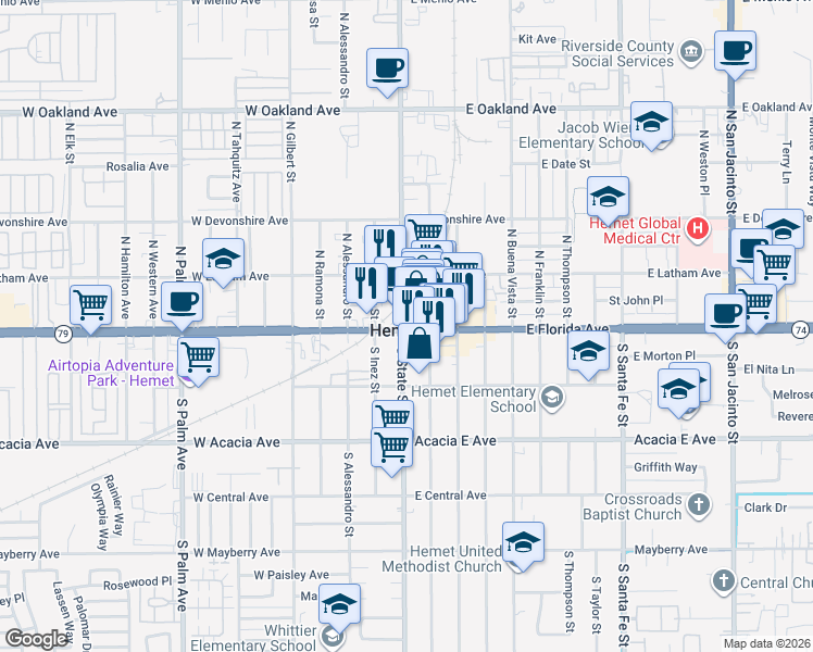 map of restaurants, bars, coffee shops, grocery stores, and more near in Hemet