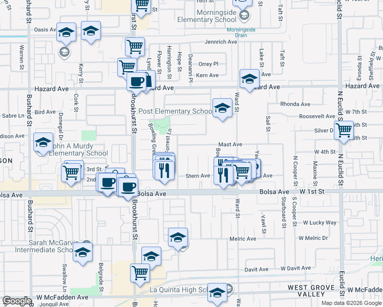 map of restaurants, bars, coffee shops, grocery stores, and more near 14842 Deanann Place in Westminster