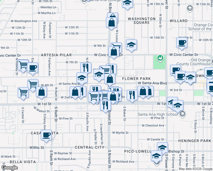 map of restaurants, bars, coffee shops, grocery stores, and more near 1246 West 3rd Street in Santa Ana