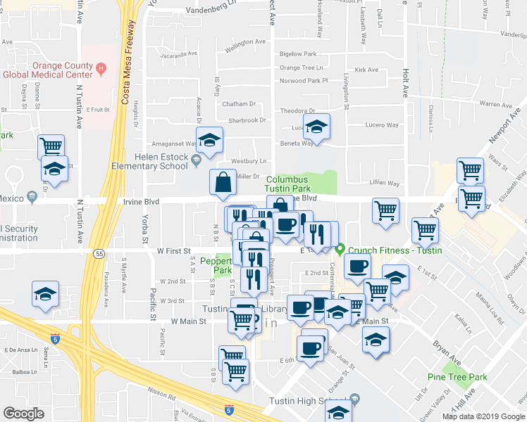 map of restaurants, bars, coffee shops, grocery stores, and more near 175 Orangewood Lane in Tustin