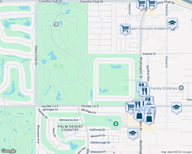 map of restaurants, bars, coffee shops, grocery stores, and more near 41539 Woodhaven Drive West in Palm Desert