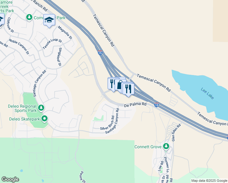map of restaurants, bars, coffee shops, grocery stores, and more near 11762 De Palma Road in Corona