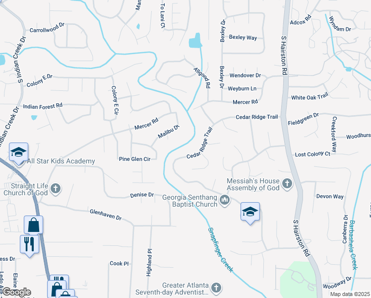 map of restaurants, bars, coffee shops, grocery stores, and more near 4449 Cedar Ridge Trail in Stone Mountain