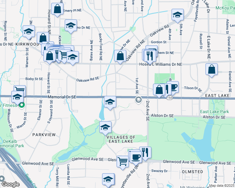 map of restaurants, bars, coffee shops, grocery stores, and more near 192 East Lake Terrace Southeast in Atlanta