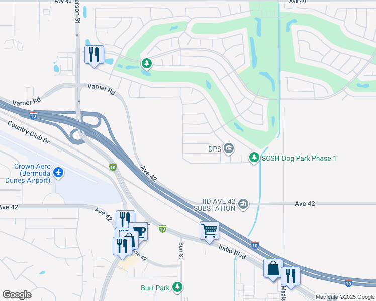 map of restaurants, bars, coffee shops, grocery stores, and more near 80538 Avenida Camarillo in Indio