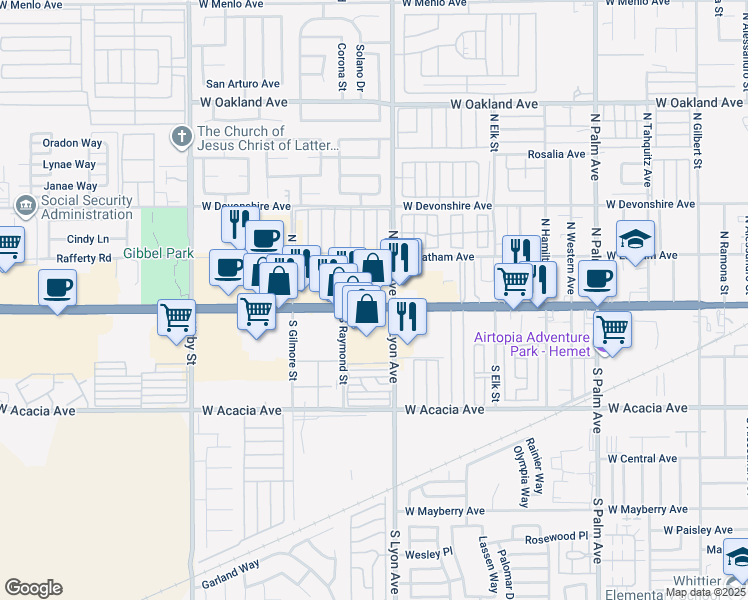 map of restaurants, bars, coffee shops, grocery stores, and more near 1701 West Florida Avenue in Hemet