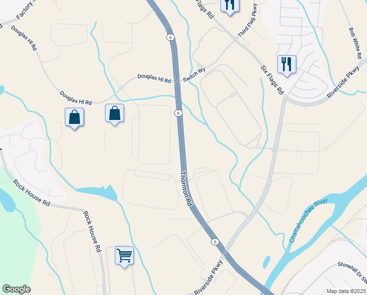 map of restaurants, bars, coffee shops, grocery stores, and more near 2201 Thornton Road in Lithia Springs
