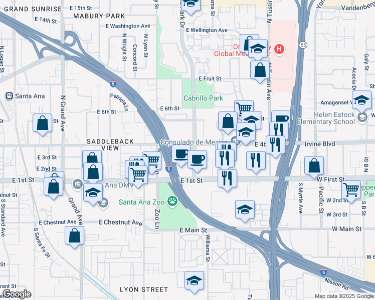 map of restaurants, bars, coffee shops, grocery stores, and more near 200 Cabrillo Park Drive in Santa Ana