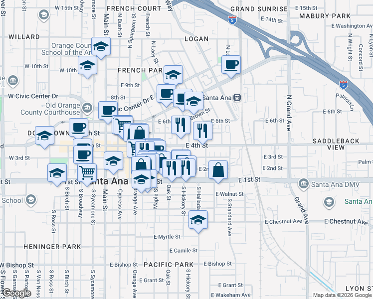 map of restaurants, bars, coffee shops, grocery stores, and more near in Santa Ana