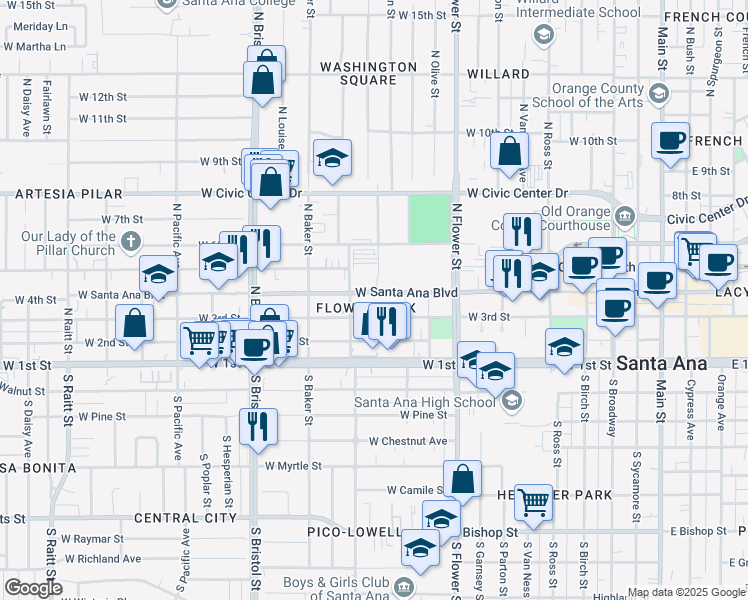 map of restaurants, bars, coffee shops, grocery stores, and more near 1066 West 3rd Street in Santa Ana