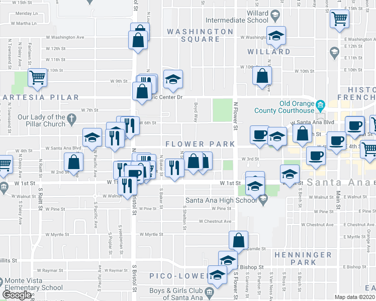 map of restaurants, bars, coffee shops, grocery stores, and more near 1066 West 3rd Street in Santa Ana