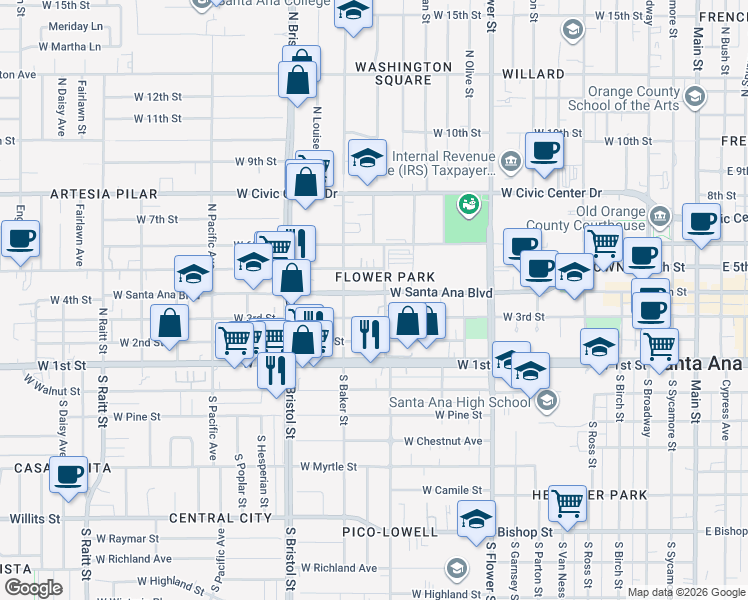 map of restaurants, bars, coffee shops, grocery stores, and more near 1122 West 3rd Street in Santa Ana