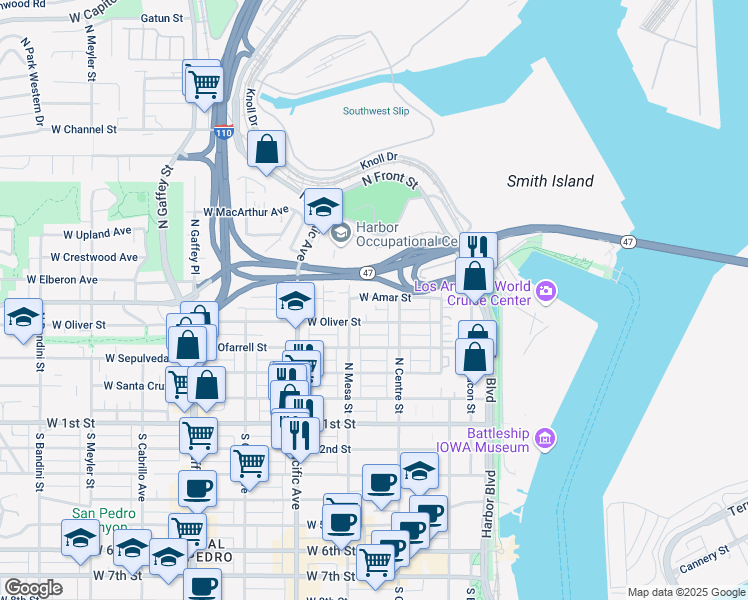 map of restaurants, bars, coffee shops, grocery stores, and more near 320 West Oliver Street in Los Angeles