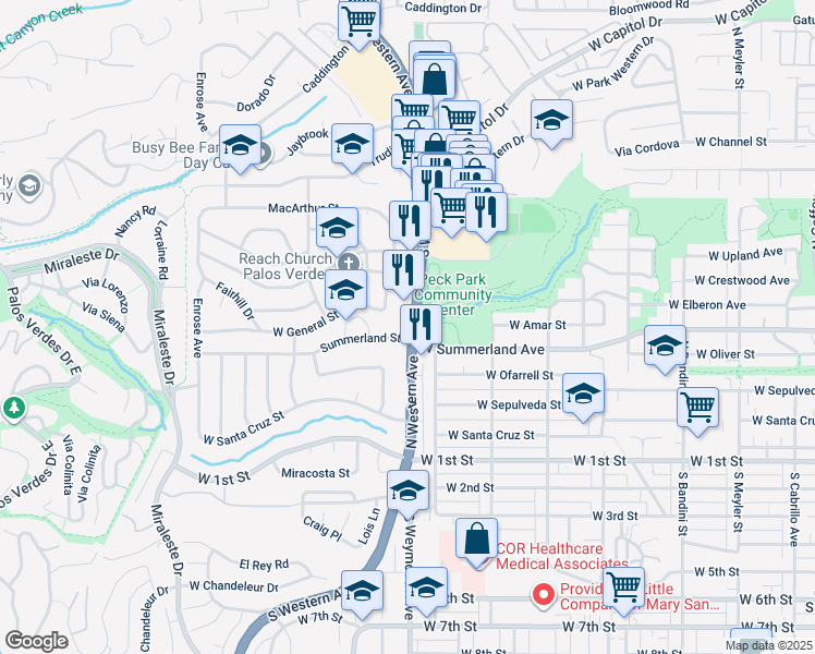 map of restaurants, bars, coffee shops, grocery stores, and more near 1485 West Summerland Avenue in Los Angeles