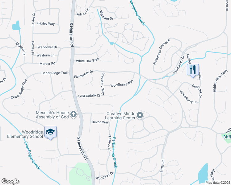 map of restaurants, bars, coffee shops, grocery stores, and more near 4859 Lost Colony Court in Stone Mountain