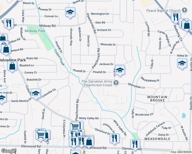 map of restaurants, bars, coffee shops, grocery stores, and more near 3418 Longleaf Drive in Decatur