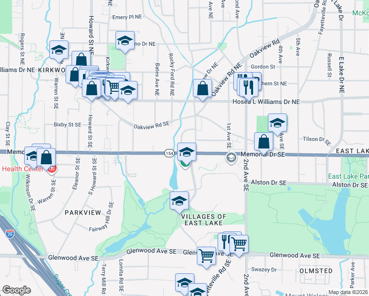 map of restaurants, bars, coffee shops, grocery stores, and more near 190 Watson Circle Southeast in Atlanta