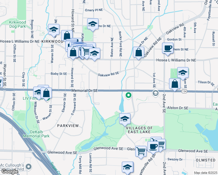 map of restaurants, bars, coffee shops, grocery stores, and more near 2132 Memorial Drive Southeast in Atlanta