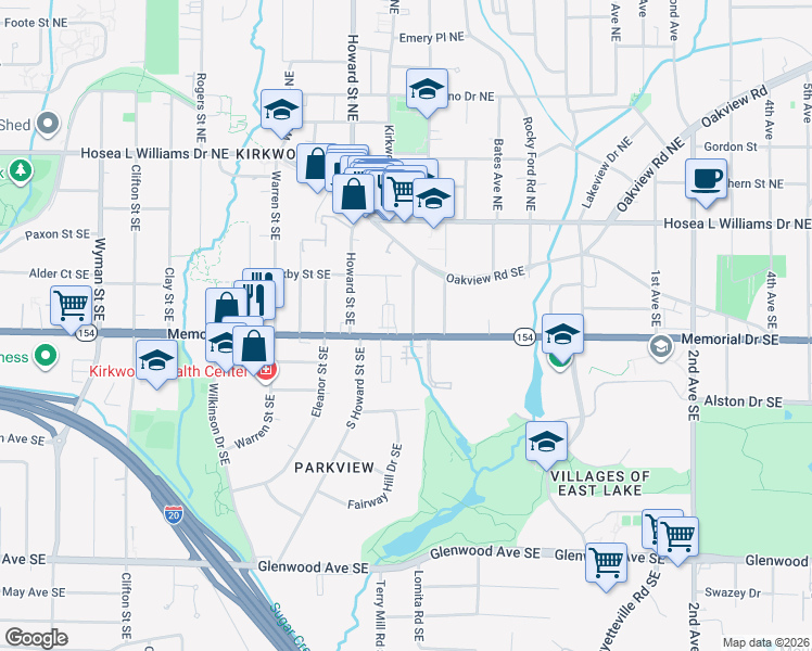 map of restaurants, bars, coffee shops, grocery stores, and more near 193 Palatka Street Southeast in Atlanta