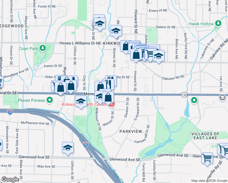 map of restaurants, bars, coffee shops, grocery stores, and more near 1853 Memorial Drive Southeast in Atlanta