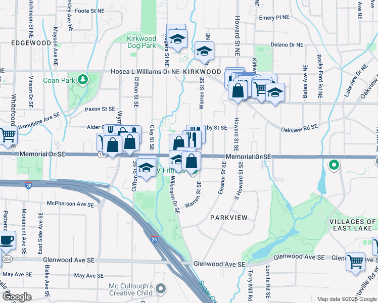 map of restaurants, bars, coffee shops, grocery stores, and more near 1853 Memorial Drive Southeast in Atlanta
