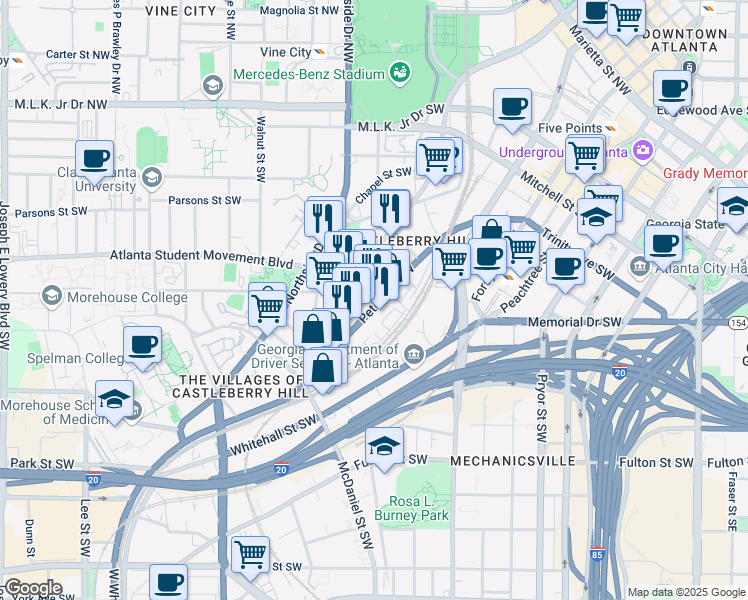 map of restaurants, bars, coffee shops, grocery stores, and more near 300 Peters Street Southwest in Atlanta
