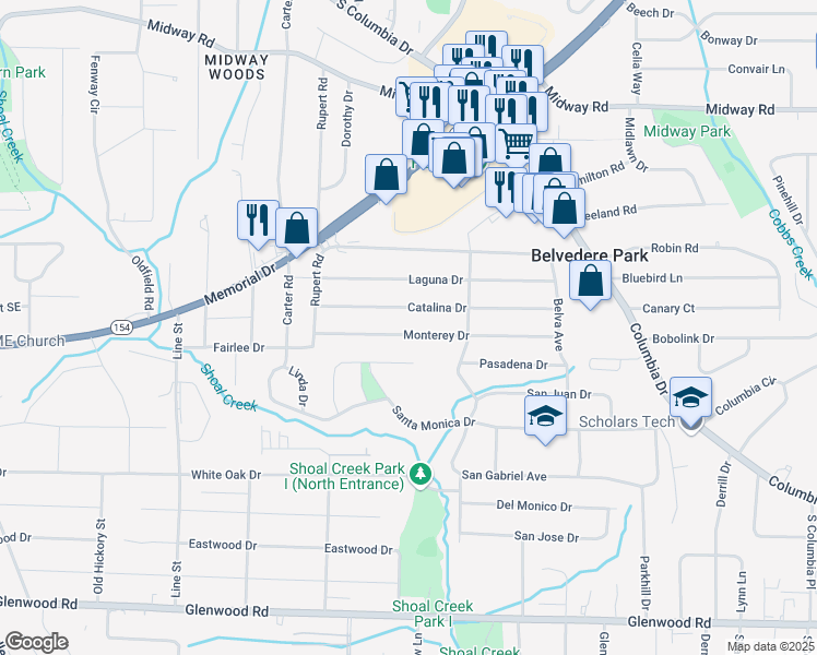 map of restaurants, bars, coffee shops, grocery stores, and more near 2906 Monterey Drive in Decatur