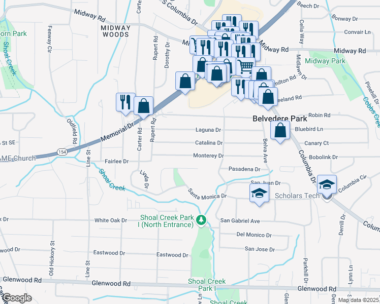 map of restaurants, bars, coffee shops, grocery stores, and more near 2896 Monterey Drive in Decatur