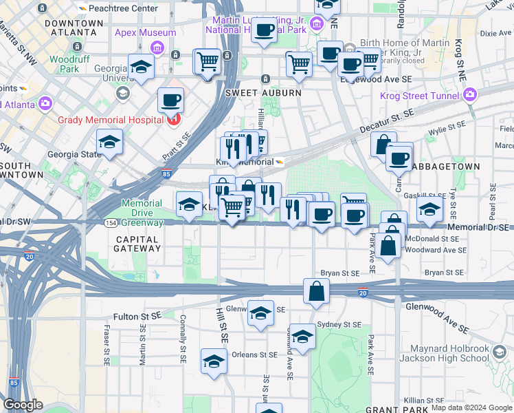 map of restaurants, bars, coffee shops, grocery stores, and more near 320 Martin Luther King Junior Drive Southeast in Atlanta