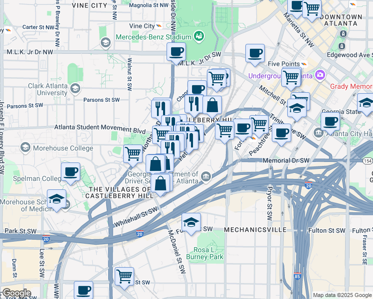 map of restaurants, bars, coffee shops, grocery stores, and more near 300 Peters Street Southwest in Atlanta