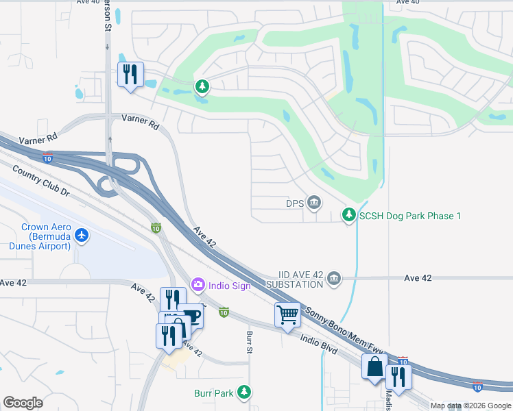 map of restaurants, bars, coffee shops, grocery stores, and more near 80519 Avenida Camarillo in Indio