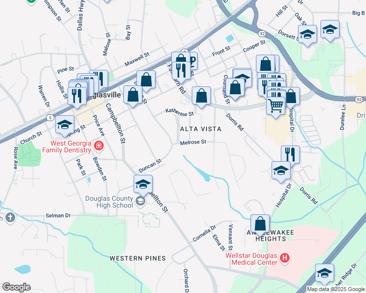 map of restaurants, bars, coffee shops, grocery stores, and more near 6404 Melrose Street in Douglasville