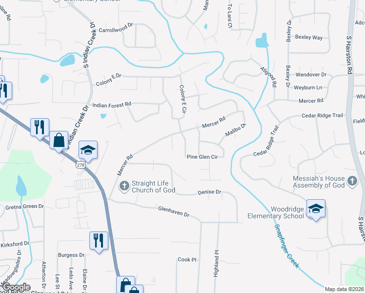 map of restaurants, bars, coffee shops, grocery stores, and more near 1536 Pine Glen Circle in Decatur