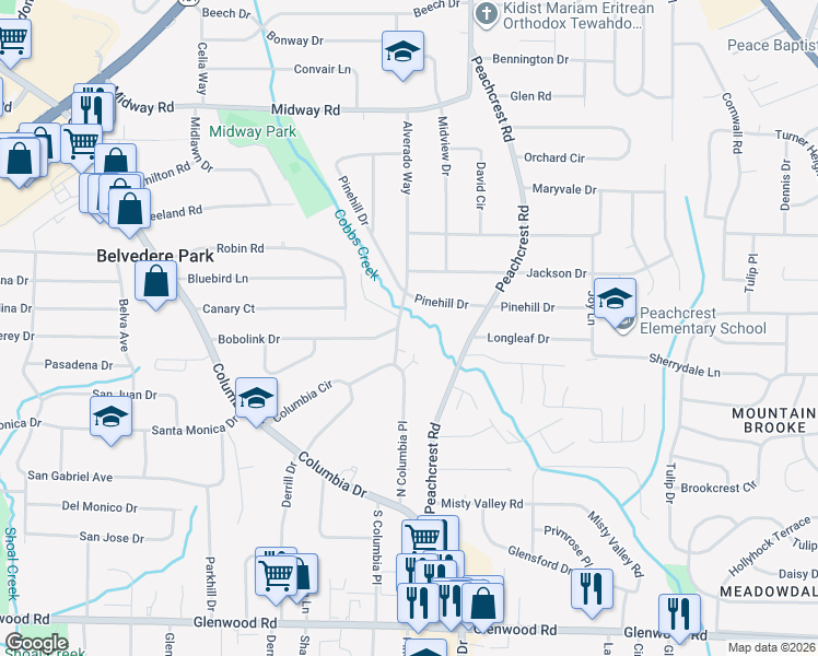 map of restaurants, bars, coffee shops, grocery stores, and more near 1580 North Columbia Place in Decatur