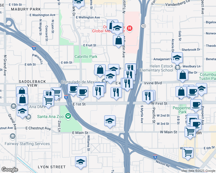 map of restaurants, bars, coffee shops, grocery stores, and more near 2111 East First Street in Santa Ana