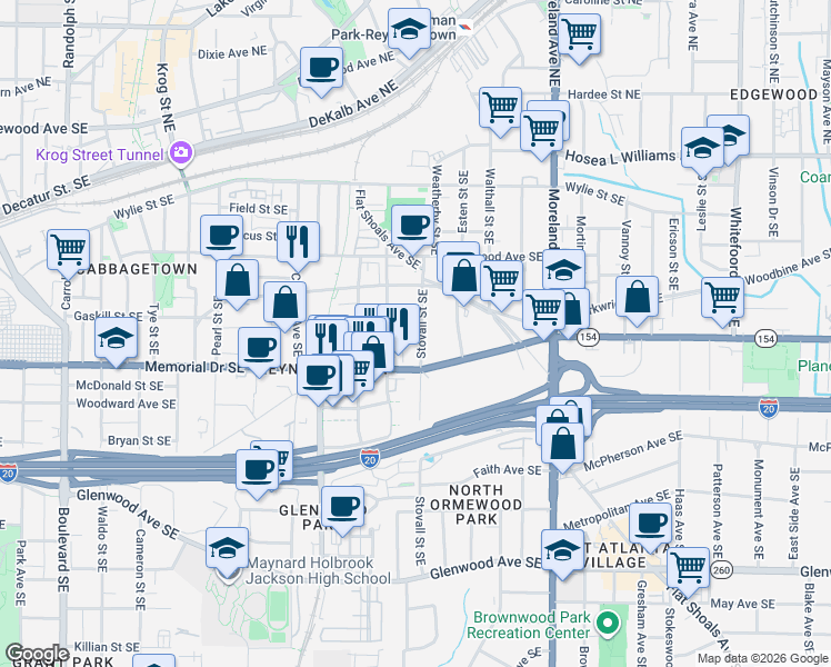 map of restaurants, bars, coffee shops, grocery stores, and more near 1034 Memorial Drive Southeast in Atlanta