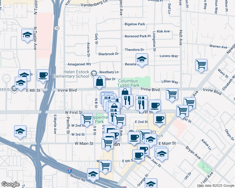 map of restaurants, bars, coffee shops, grocery stores, and more near 175 Orangewood Lane in Tustin