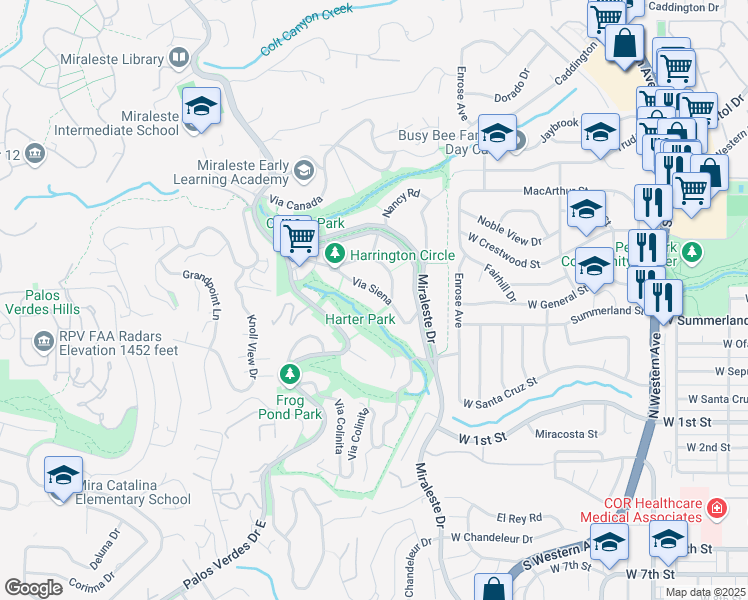 map of restaurants, bars, coffee shops, grocery stores, and more near 6528 Via Siena in Rancho Palos Verdes